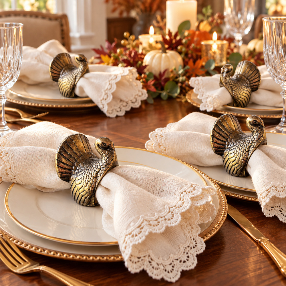Brass Turkey Napkin Rings Set of 4 | Elegant Thanksgiving Table Decor